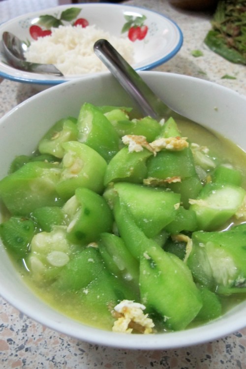 Mom's style stir-fried angled luffa with egg served with steamed jasmine rice